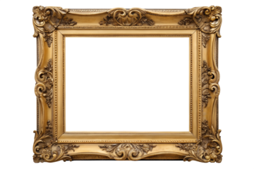 Isolated ornate gold picture frame antique vintage style for canvas painting or mirror on white wall on transparent background