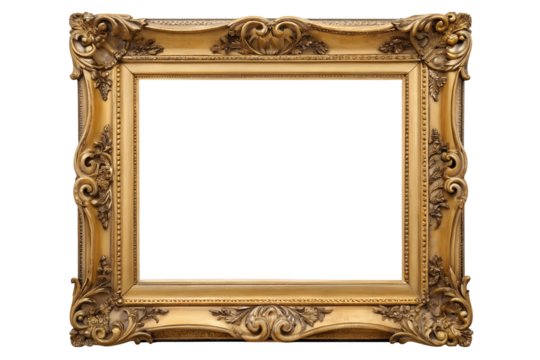 Isolated ornate gold picture frame antique vintage style for canvas painting or mirror on white wall on transparent background