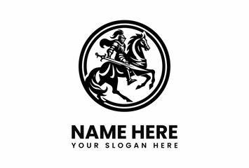 Black and white emblem of a knight in armor riding a horse with a sword.
