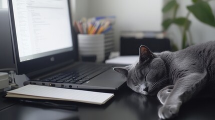 The scene depicts a computer viewed from the front, its screen a vacant white space, and a charming cat snoozing on the adjacent black table