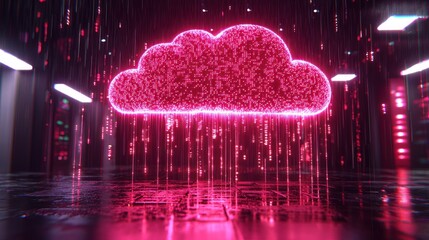 Pink cloud illuminated with matrix rain in a server room