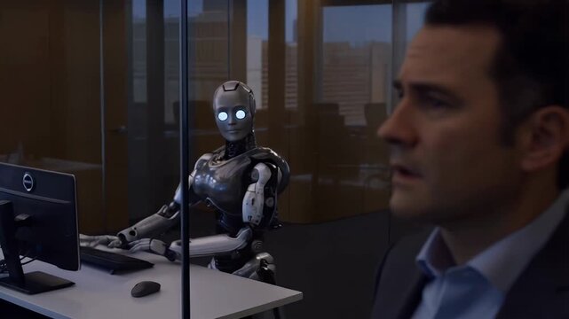 Anxious manager watches an AI robot working, fearing job replacement and automation