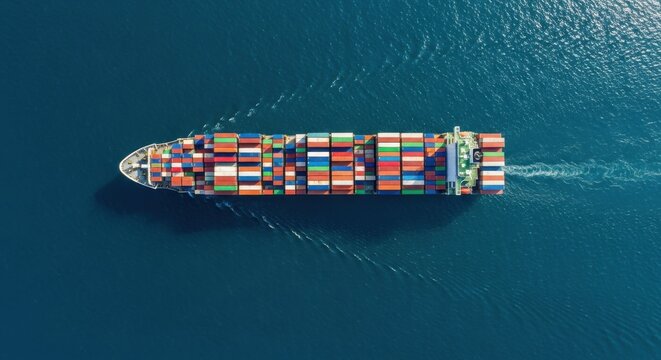 3d aerial view of a container ship sailing on the ocean