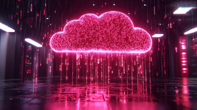 Pink cloud illuminated with matrix rain in a server room