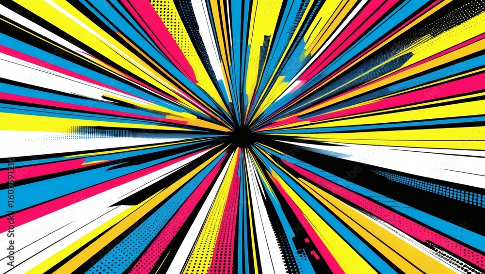 Poster a dynamic explosion of vibrant, colorful lines radiating from a central point. the artwork is a capt