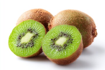 Obraz premium Fresh kiwi fruit, whole and sliced, on white background