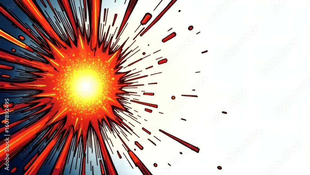 Poster energetic illustration of an explosion with vibrant colors and dynamic lines, creating a sense of po
