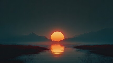 Naklejka premium Fiery sunset over misty mountain lake; serene landscape for calming desktop wallpaper