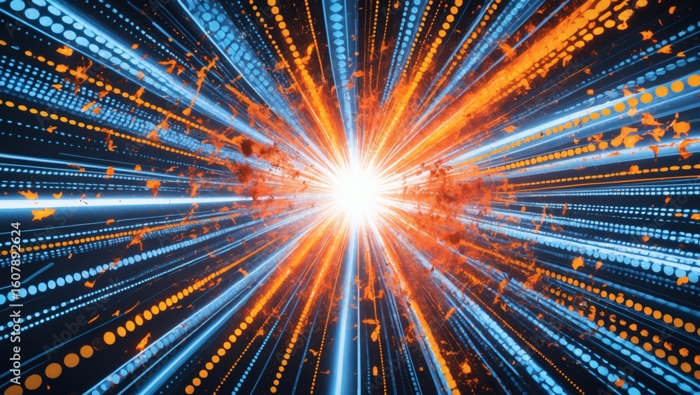 Poster an abstract artistic representation of light energy emitting from a central point, with vibrant colo