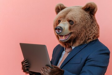 The portrait features a bear in a business suit with a laptop, all created using Stock technology and exuding happiness