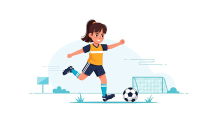 Fototapeta premium Young Athlete Girl Kicking The Soccer Ball Towards The Goal In The Field