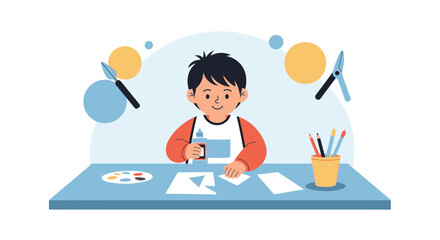 Young Boy Creates Artwork At Table With Painting Tools And Paper Shapes