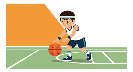 Fototapeta premium Young Boy Dribbling Basketball on Court Practicing His Moves And Ready To Score