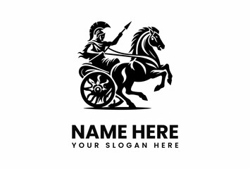 Black silhouette of a horsedrawn chariot with a warrior holding a spear.