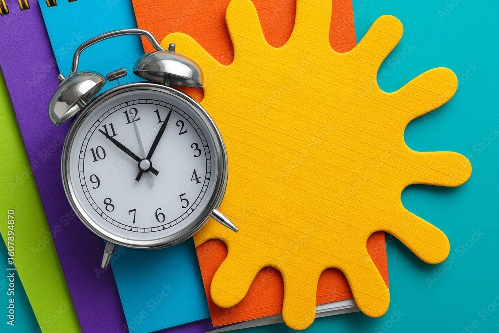 Poster a clock with the hands at 3 and 9 sits on top of a yellow object