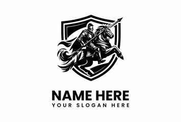 Bold monochrome emblem of a knight on rearing horse with spear and shield.
