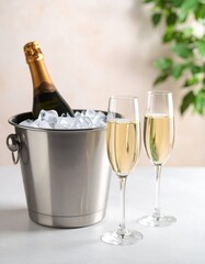 A luxurious scene featuring a chilled bottle of champagne in an ice bucket, flanked by two elegant glasses, evoking celebration and refined indulgence.