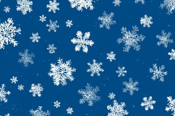 Intricate white snowflakes falling on deep blue winter background