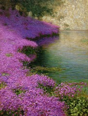 Purple flowers by tranquil pond, garden scene, sunny day, peaceful nature, home decor