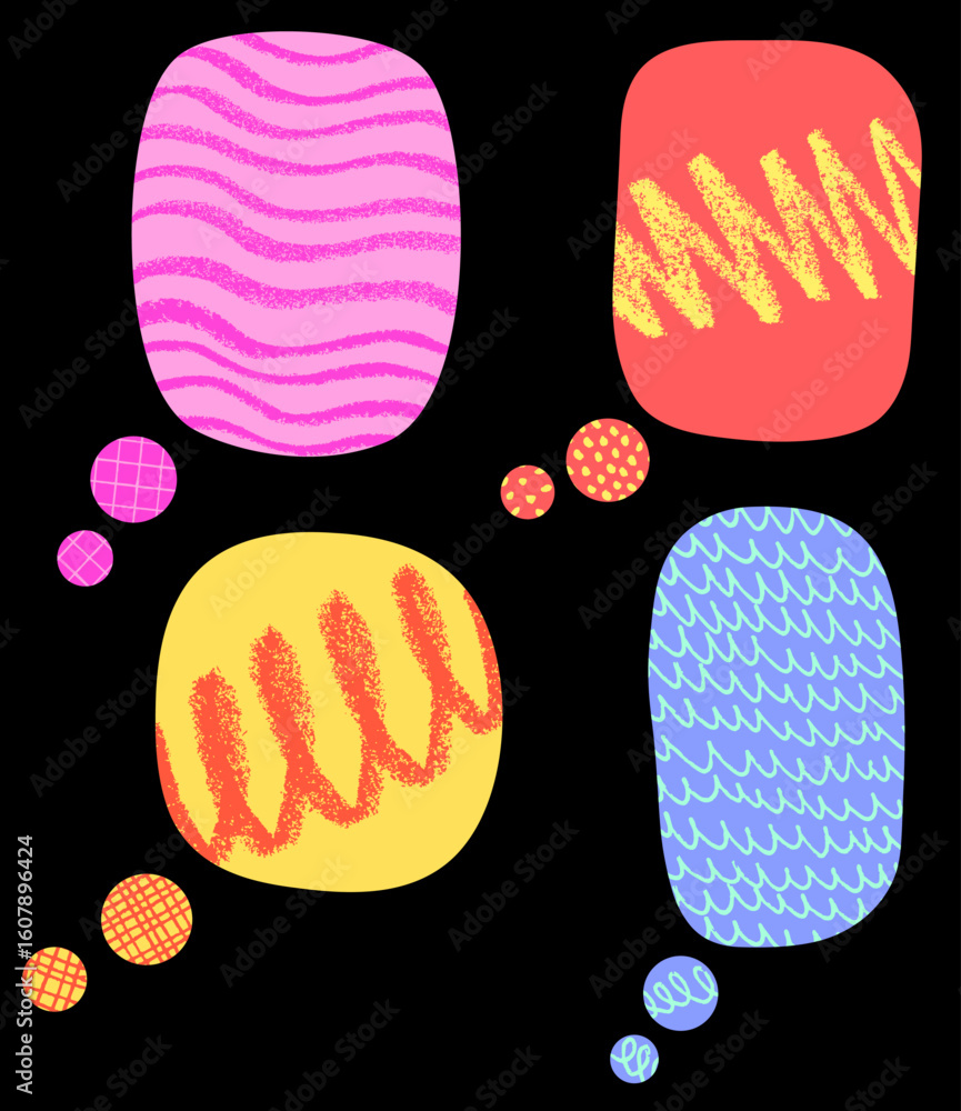 Poster four colorful, rounded thought bubbles with playful textured patterns on black background. vector il