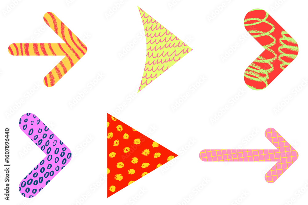 Aufkleber a set of six colorful arrows with fun textures and bold patterns on a clean white background.