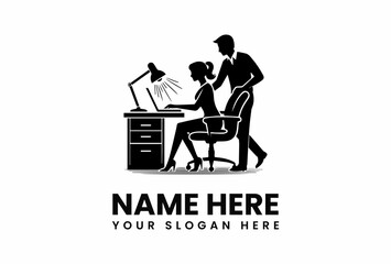 Business Couple Silhouette Working Late at Desk with Lamplight.