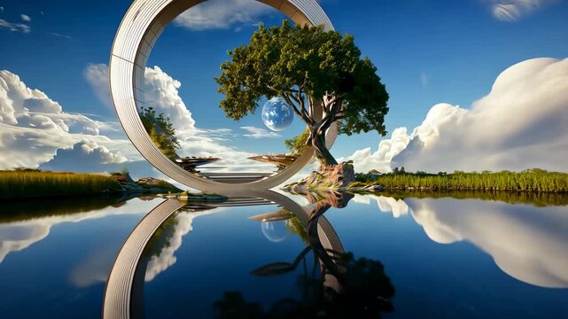Surreal Landscape: Tree, Circle, and Celestial Reflections
