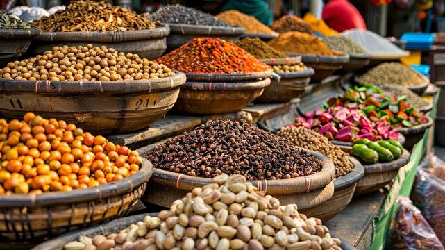 Vibrant Spices and Nuts at an Asian Market