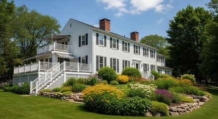 3d architectural rendering of a classic colonial home with lush gardens