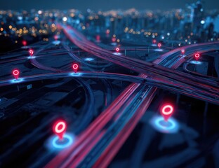 Night city highway map with location markers