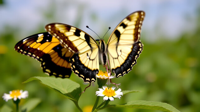 Primer plano de dama pintada mariposas en bidens alba