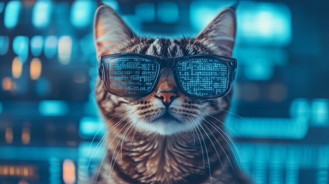 In a dark room, a hacker is at work while a bespectacled cat uses a computer, embodying concepts of spying, cyber tech, hacking, weaknesses, humor, swindles, deception, and malware