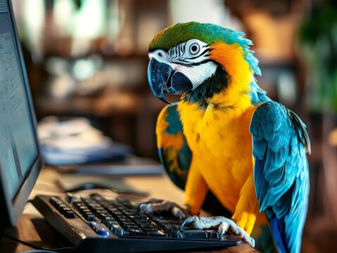In front of a computer screen, a parrot is seated on a keyboard and is gazing at the screen's display of colorful data
