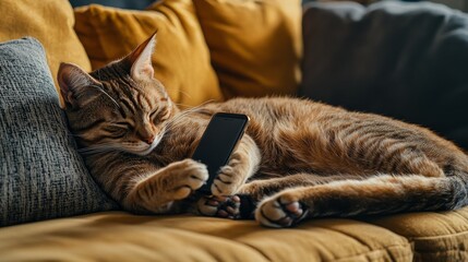 In a warm living room, a cat is depicted using a smartphone on the couch, merging fantasy concepts with modern technology