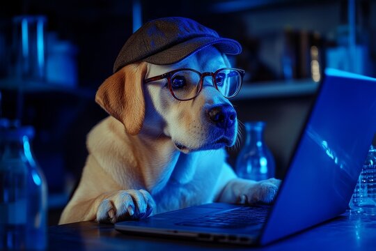 Labrador Retriever in glasses and a cap is shown working on a laptop in a realistic research setting with selective focus and an overlay against a lab backdrop