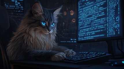 The developer of Siberian cat origin, a cat that hacks from Siberia, a computer-using animal, a programmer feline, a cat freelancer working online on a laptop, a cat hacker on the computer keys