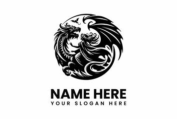 Dragon and Enchantress Silhouette in Circular Emblem with Bat Detail.