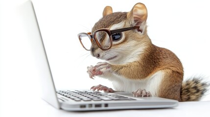 In a studio, a chipmunk is positioned in front of a laptop on a white background