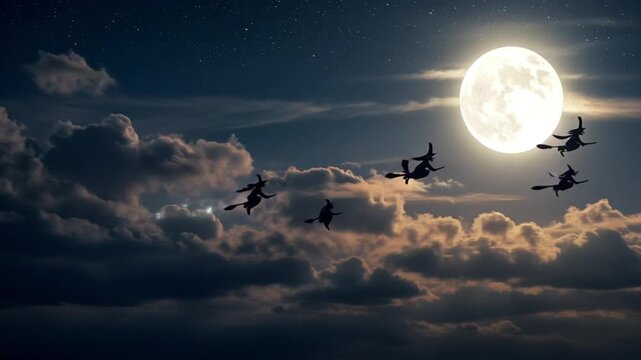 Witches flying on broomsticks under a full moon in a dark sky  
