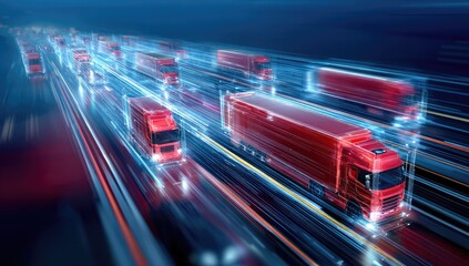 Fast-moving red trucks on a highway at night