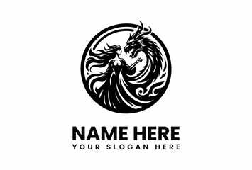 Elegant Black and White Logo Design Featuring a Woman and Dragon.