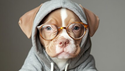 A cute pet dog wearing glasses and a clever hoodie is a humorous image for a home stay animal during quarantine