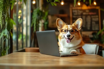 At a desk, a laptop rests in front of a cute corgi wearing glasses, who appears to be either working diligently or studying with great enthusiasm