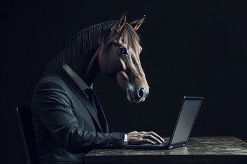 A business-attired horse sits at a desk typing away on its laptop