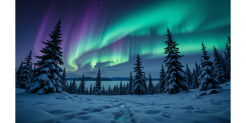A stunning night scene featuring vibrant auroras lighting up the sky above a snow-covered forest.