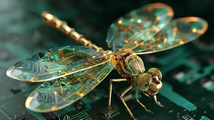 A golden dragonfly with circuit patterns on its wings resting on a circuit board background close up view