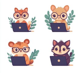 A set of digital artwork featuring cute animals working on laptops is available