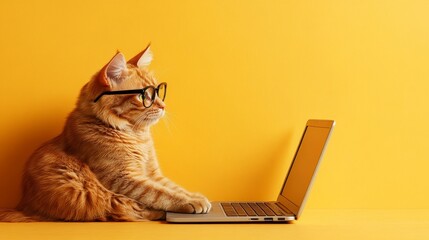 An orange-colored feline wearing glasses is positioned behind a laptop on a yellow backdrop, engaged in serious work as an IT professional and social media manager, also tasked with finding the best