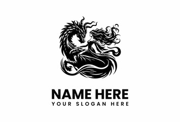 Intricate Black Dragon and Woman Embrace in Elegant Logo Design.