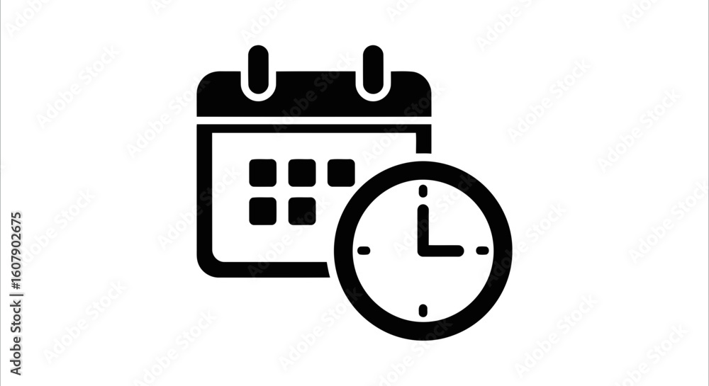 Poster vector art of a black icon representing a calendar with a clock, symbolizing time management and sch